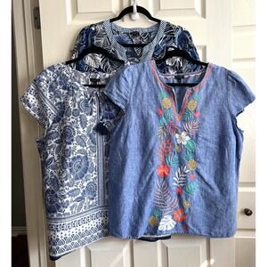TALBOTS Lot Of 3 Blue Cotton Linen Floral Embroidered Blouses Tops Tunics XL